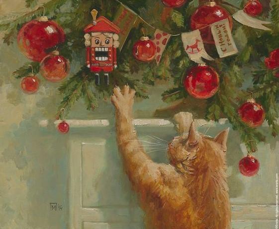 Коты с новогодние ёлочные игрушки на картинах художников, Cats with Christmas toys in the paintings of artists